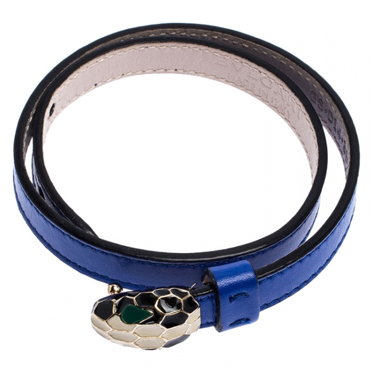 Pre Owned Bvlgari Serpenti Forever Blue Enamel Gold Plated Double Coiled Leather Bracelet
