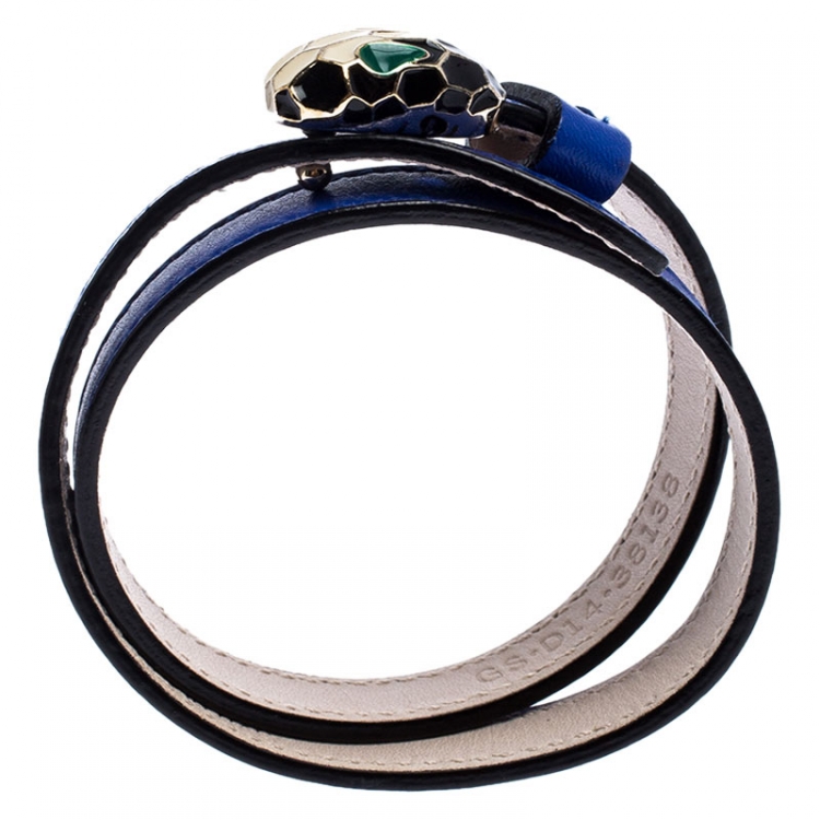 Pre Owned Bvlgari Serpenti Forever Blue Enamel Gold Plated Double Coiled Leather Bracelet