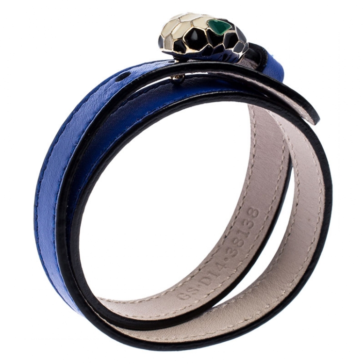 Pre Owned Bvlgari Serpenti Forever Blue Enamel Gold Plated Double Coiled Leather Bracelet