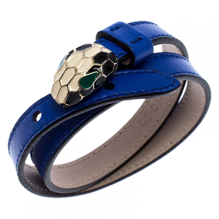 Pre Owned Bvlgari Serpenti Forever Blue Enamel Gold Plated Double Coiled Leather Bracelet