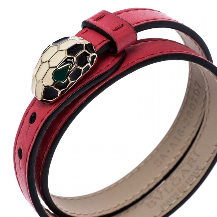 Pre Owned Bvlgari Serpenti Forever Enamel Pink Double Coiled Leather Gold Plated Bracelet