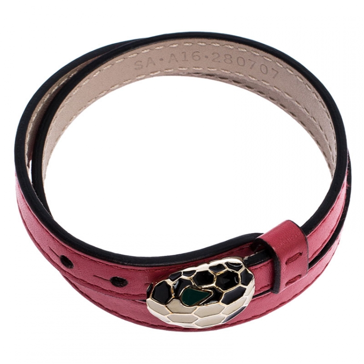 Pre Owned Bvlgari Serpenti Forever Enamel Pink Double Coiled Leather Gold Plated Bracelet