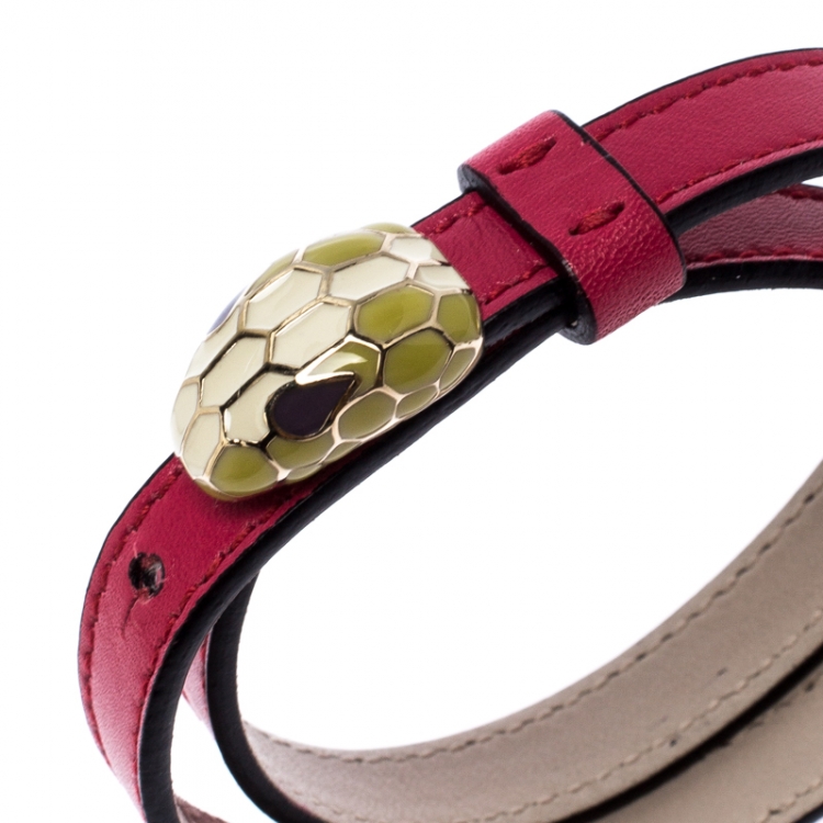 Pre Owned Bvlgari Serpenti Forever Enamel Pink Double Coiled Leather Gold Plated Bracelet