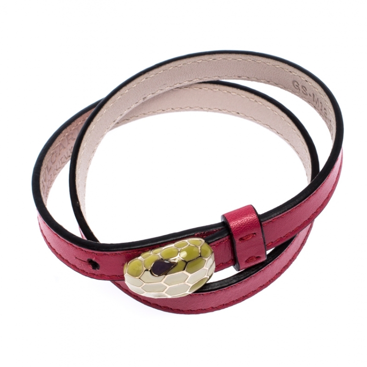 Pre Owned Bvlgari Serpenti Forever Enamel Pink Double Coiled Leather Gold Plated Bracelet
