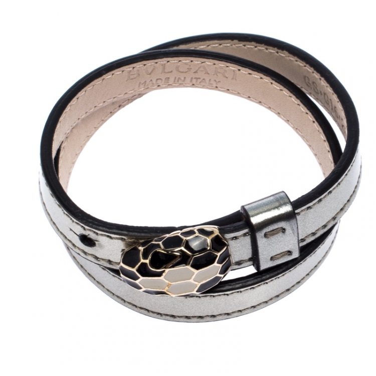 Pre Owned Bvlgari Serpenti Forever Enamel Silver Leather Gold Plated Double Coiled Bracelet