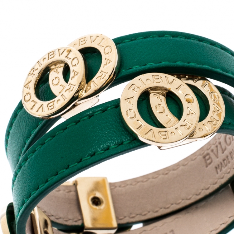 Pre Owned Bvlgari Bvlgari Interlocking Circles Green Leather Gold Plated Double Coiled Bracelet 