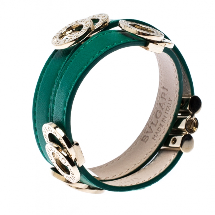 Pre Owned Bvlgari Bvlgari Interlocking Circles Green Leather Gold Plated Double Coiled Bracelet 