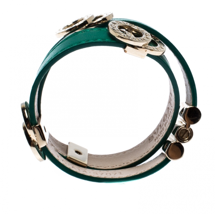 Pre Owned Bvlgari Bvlgari Interlocking Circles Green Leather Gold Plated Double Coiled Bracelet 