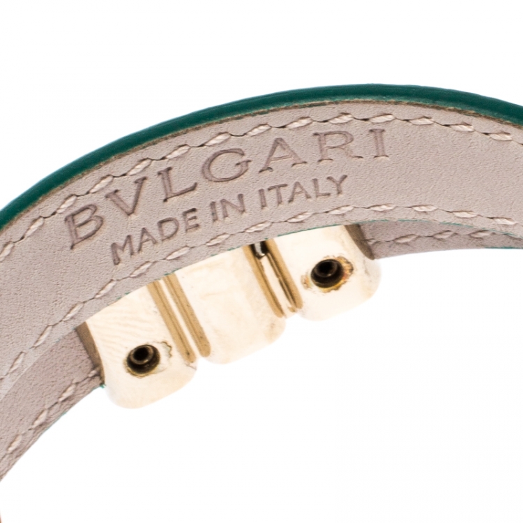 Pre Owned Bvlgari Bvlgari Interlocking Circles Green Leather Gold Plated Double Coiled Bracelet 