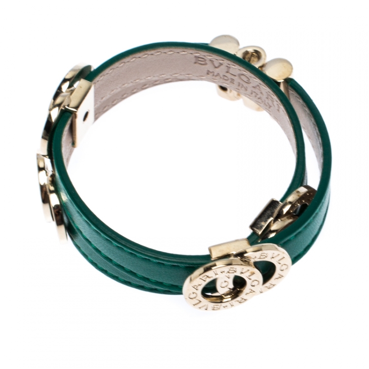 Pre Owned Bvlgari Bvlgari Interlocking Circles Green Leather Gold Plated Double Coiled Bracelet 