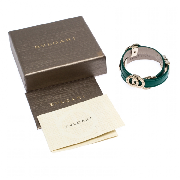 Pre Owned Bvlgari Bvlgari Interlocking Circles Green Leather Gold Plated Double Coiled Bracelet 