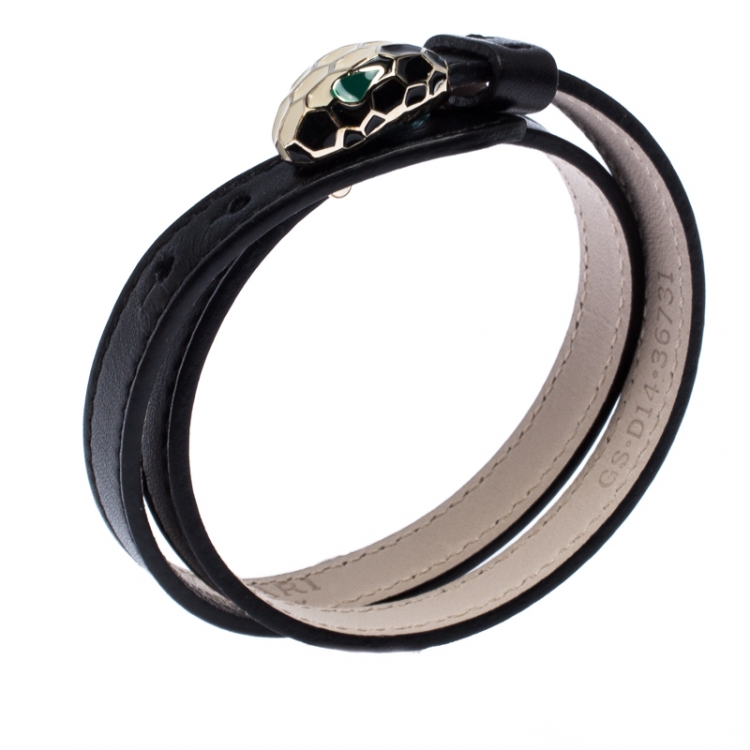 Pre Owned Bvlgari Serpenti Forever Black Enamel Gold Plated Double Coiled Leather Bracelet
