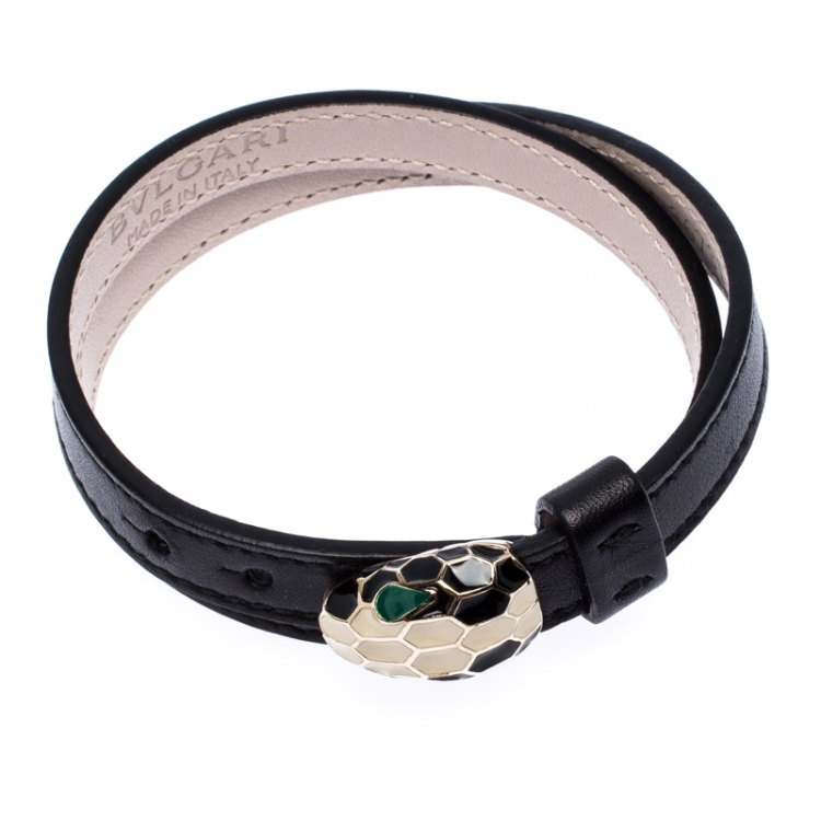 Pre Owned Bvlgari Serpenti Forever Black Enamel Gold Plated Double Coiled Leather Bracelet