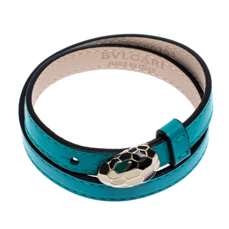 Pre Owned Bvlgari Serpenti Forever Blue Enamel Gold Plated Double Coiled Leather Bracelet
