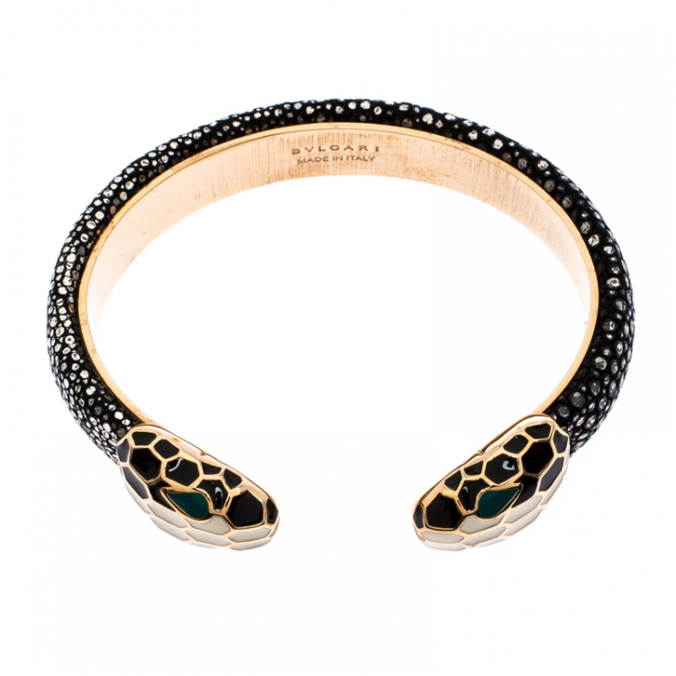 Pre Owned Bvlgari Serpenti Forever Enamel & Galuchat Leather Gold Plated Open Cuff Bracelet 