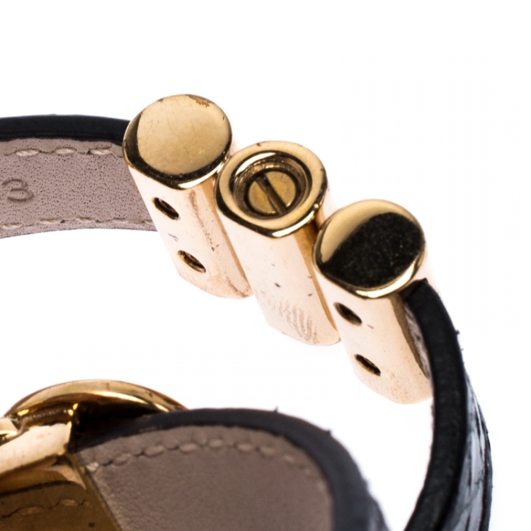 Pre Owned Bvlgari Black Snakeskin Leather Gold Tone Double Wrap Bracelet