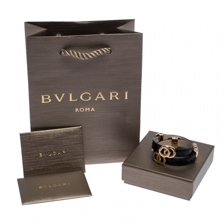 Pre Owned Bvlgari Black Snakeskin Leather Gold Tone Double Wrap Bracelet