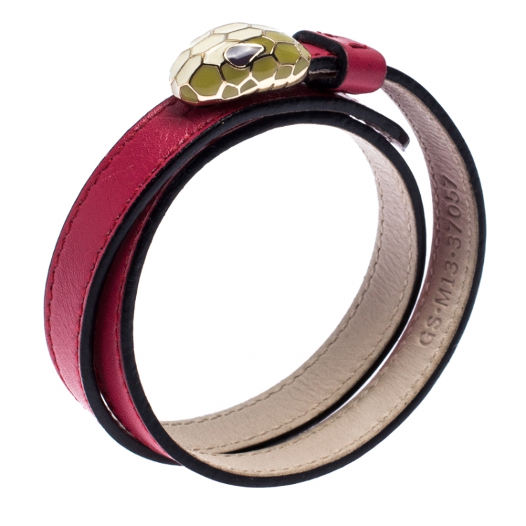 Pre Owned Bvlgari Serpenti Forever Enamel Pink Leather Gold Plated Double Coiled Bracelet