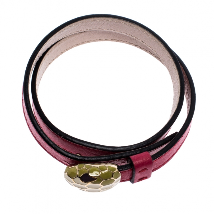 Pre Owned Bvlgari Serpenti Forever Enamel Pink Leather Gold Plated Double Coiled Bracelet