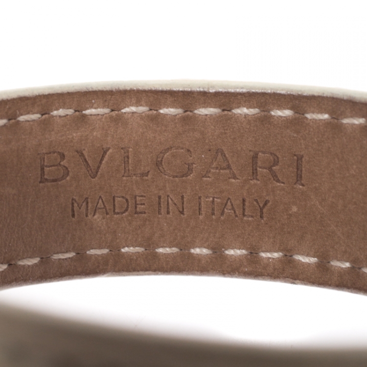 Pre Owned Bvlgari Cream Ostrich Leather Gold Tone Open Cuff Bracelet