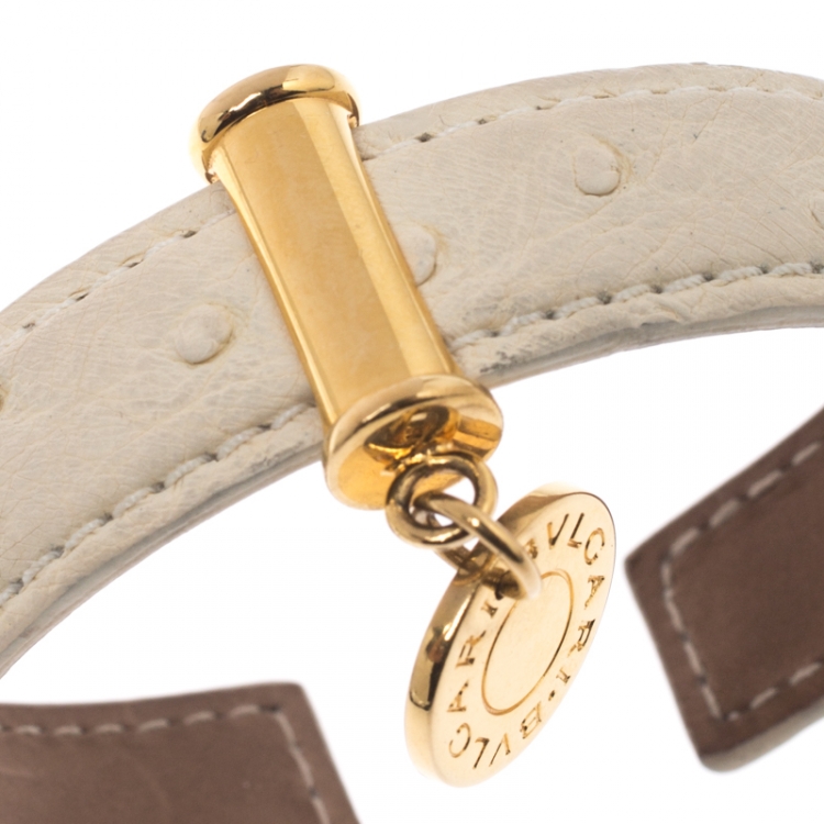 Pre Owned Bvlgari Cream Ostrich Leather Gold Tone Open Cuff Bracelet