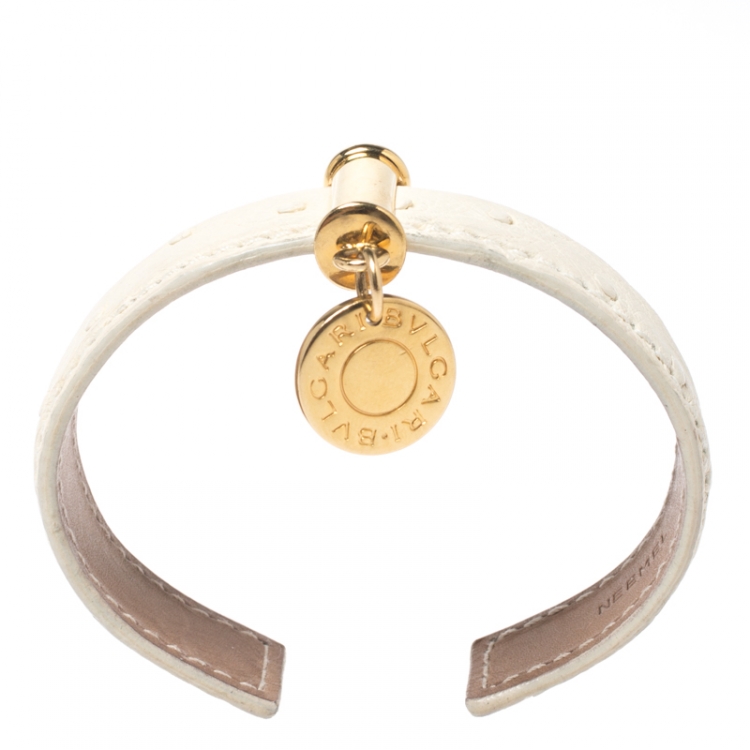 Pre Owned Bvlgari Cream Ostrich Leather Gold Tone Open Cuff Bracelet