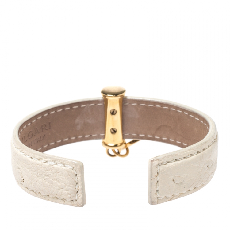 Pre Owned Bvlgari Cream Ostrich Leather Gold Tone Open Cuff Bracelet
