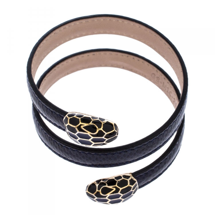 Pre Owned Bvlgari Serpenti Forever Navy Blue Leather Multi-Coiled Cleopatra Bracelet