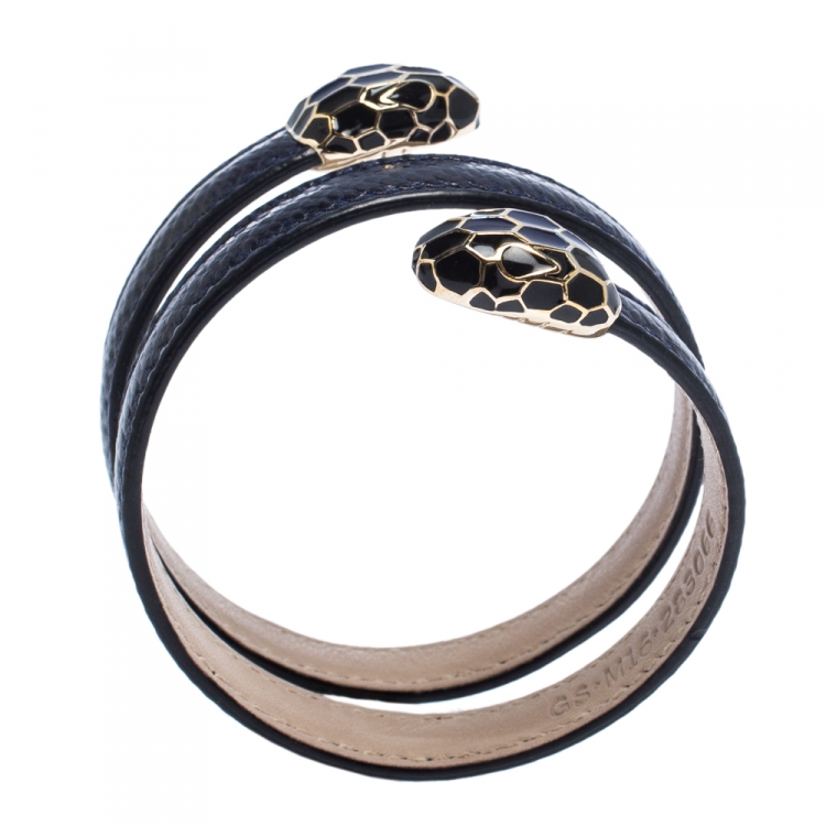 Pre Owned Bvlgari Serpenti Forever Navy Blue Leather Multi-Coiled Cleopatra Bracelet