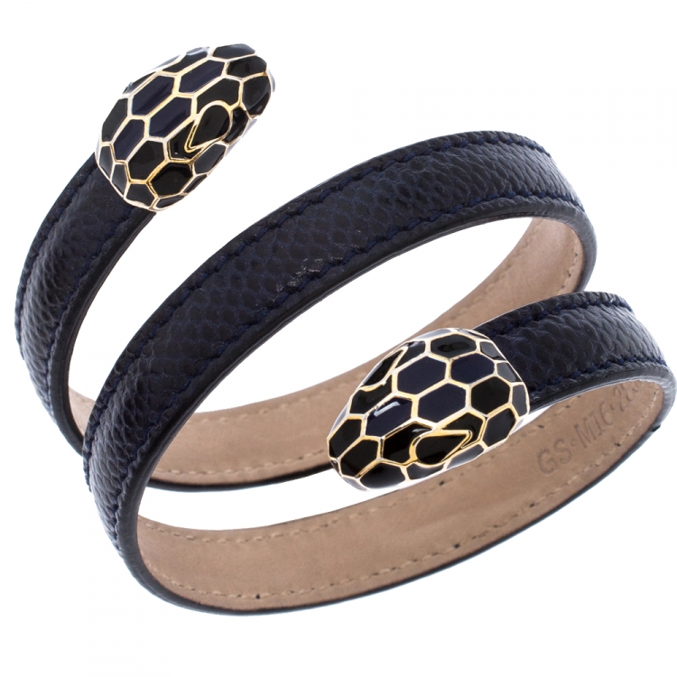 Pre Owned Bvlgari Serpenti Forever Navy Blue Leather Multi-Coiled Cleopatra Bracelet