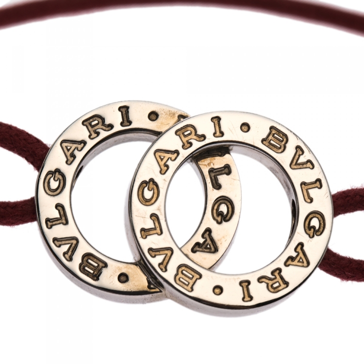 Pre Owned Bvlgari Fortuna Interlocking Circles Silver Red Cord Adjustable Bracelet