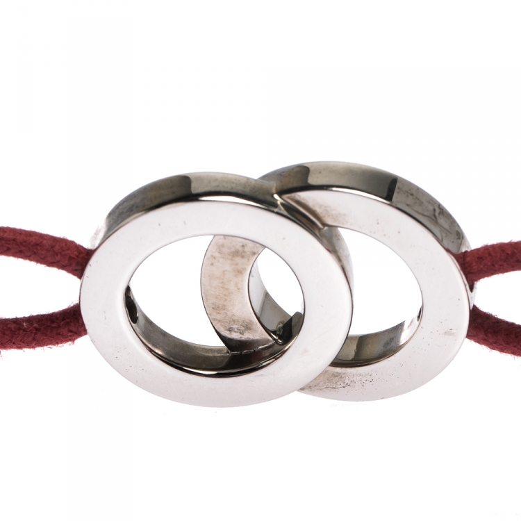 Pre Owned Bvlgari Fortuna Interlocking Circles Silver Red Cord Adjustable Bracelet