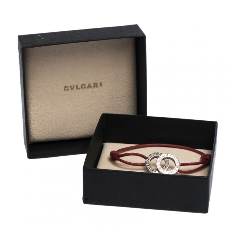 Pre Owned Bvlgari Fortuna Interlocking Circles Silver Red Cord Adjustable Bracelet