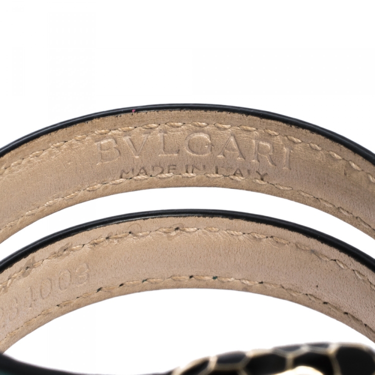 Pre Owned Bvlgari Serpenti Forever Green Leather Gold Tone Multi-coiled Rigid Bracelet