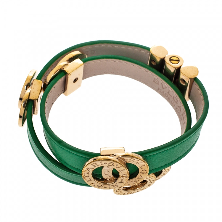 Pre Owned Bvlgari Bvlgari Interlocking Circles Green Leather Gold Plated Double Coiled Bracelet 
