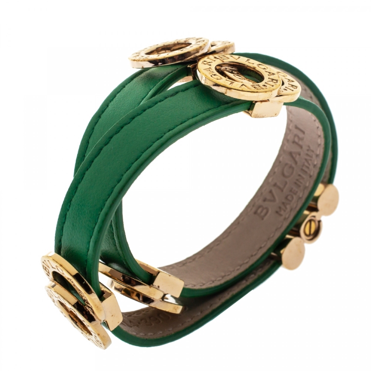 Pre Owned Bvlgari Bvlgari Interlocking Circles Green Leather Gold Plated Double Coiled Bracelet 