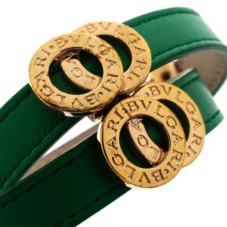 Pre Owned Bvlgari Bvlgari Interlocking Circles Green Leather Gold Plated Double Coiled Bracelet 