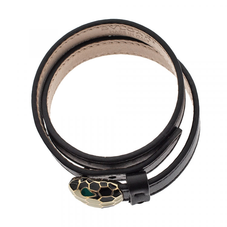 Pre Owned Bvlgari Serpenti Forever Enamel Black Leather Gold Plated Double Coiled Bracelet