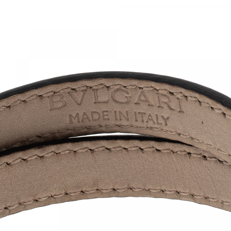 Pre Owned Bvlgari Serpenti Forever Enamel Black Leather Gold Plated Double Coiled Bracelet