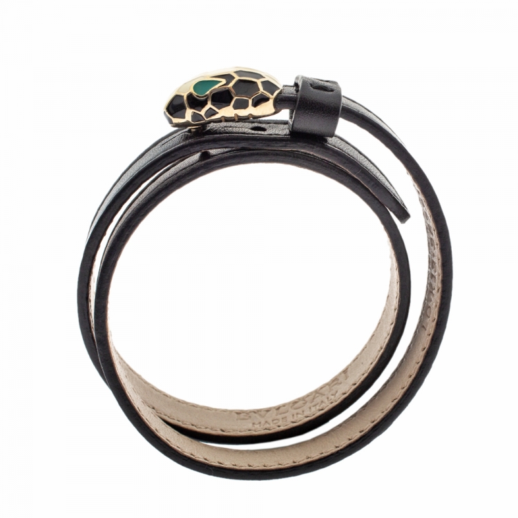 Pre Owned Bvlgari Serpenti Forever Enamel Black Leather Gold Plated Double Coiled Bracelet