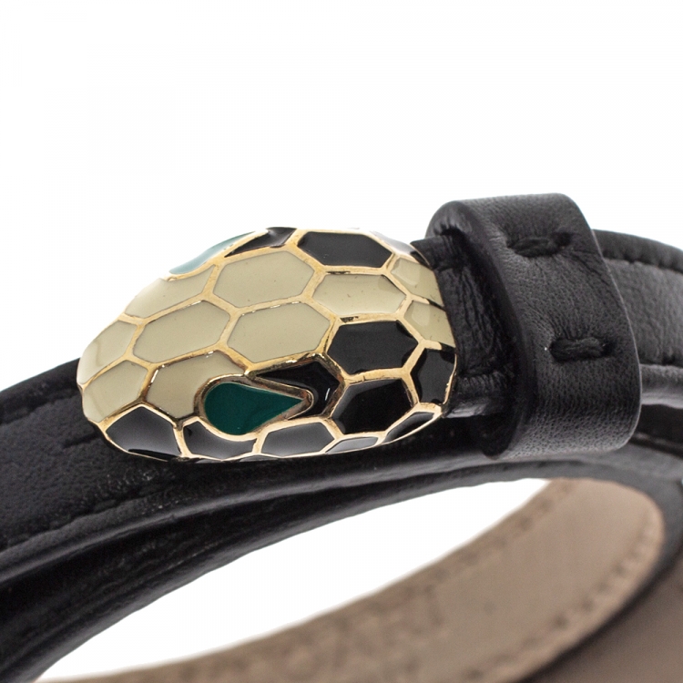 Pre Owned Bvlgari Serpenti Forever Enamel Black Leather Gold Plated Double Coiled Bracelet