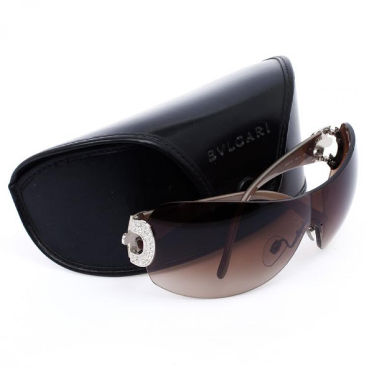 Pre Owned Bvlgari Brown Strass-Edge Shield Women Sunglasses
