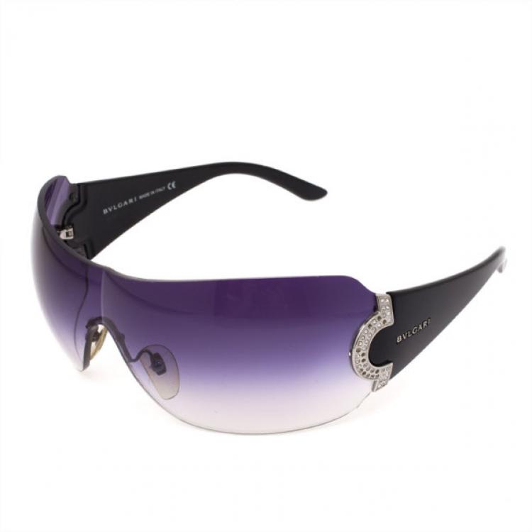 Pre Owned Bvlgari Black 653B Rhinestone Temple Shield Womens Sunglasses