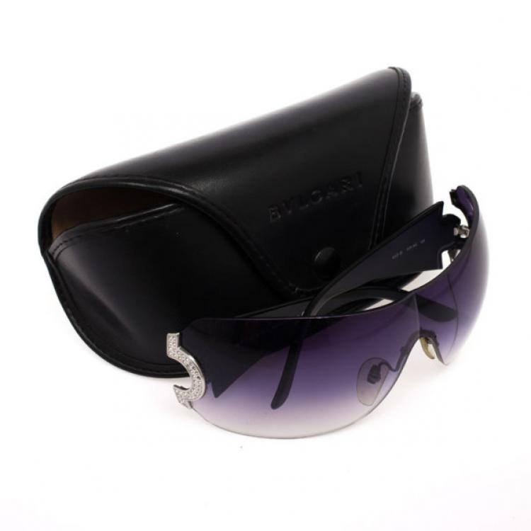 Pre Owned Bvlgari Black 653B Rhinestone Temple Shield Womens Sunglasses