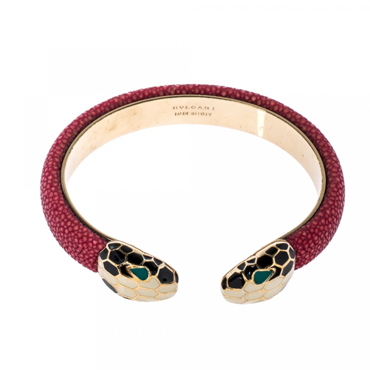 Pre Owned Bvlgari Serpenti Forever Red Galuchat Leather Open Cuff Bracelet