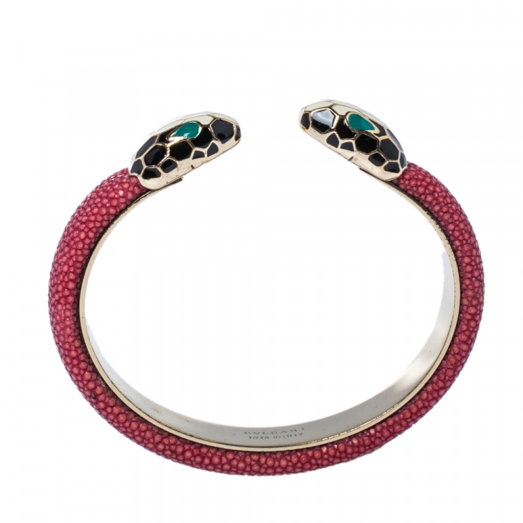 Pre Owned Bvlgari Serpenti Forever Red Galuchat Leather Open Cuff Bracelet