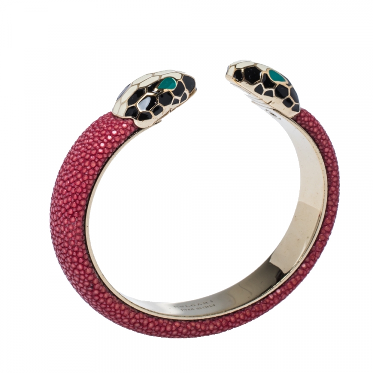 Pre Owned Bvlgari Serpenti Forever Red Galuchat Leather Open Cuff Bracelet