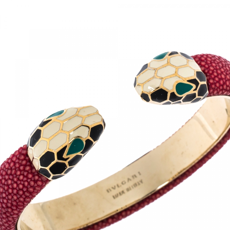 Pre Owned Bvlgari Serpenti Forever Red Galuchat Leather Open Cuff Bracelet