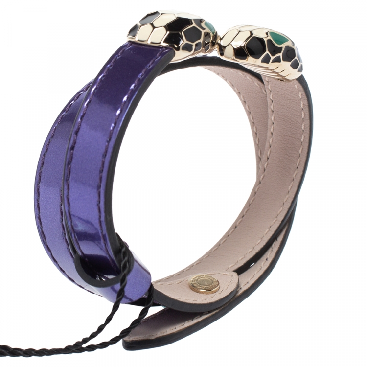 Pre Owned Bvlgari Metallic Purple Leather Serpenti Forever Double Coiled Bracelet
