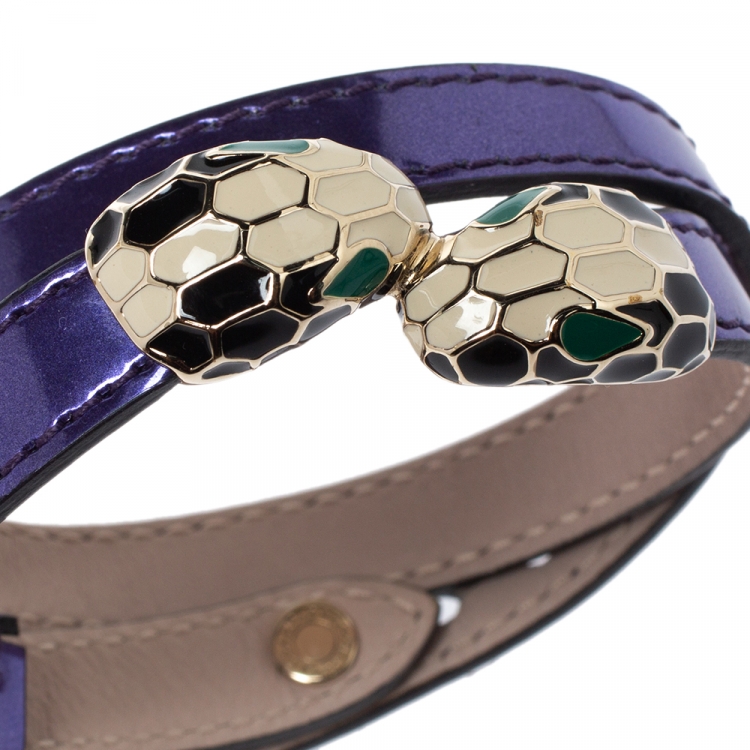 Pre Owned Bvlgari Metallic Purple Leather Serpenti Forever Double Coiled Bracelet